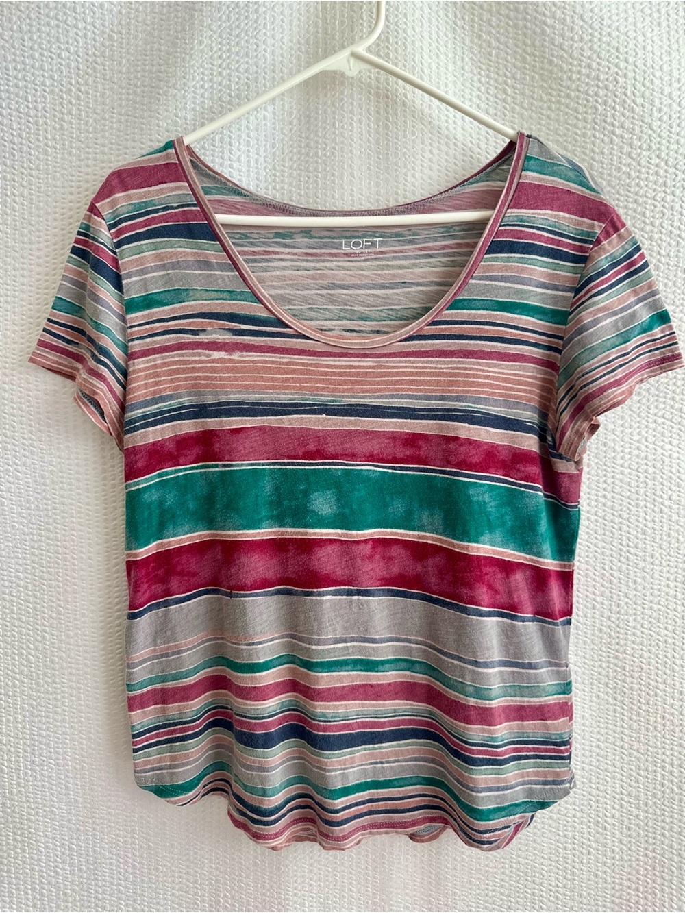 LOFT Pink Teal Striped Scoop Neck Short Sleeve Cotton Tee Medium Casual Top